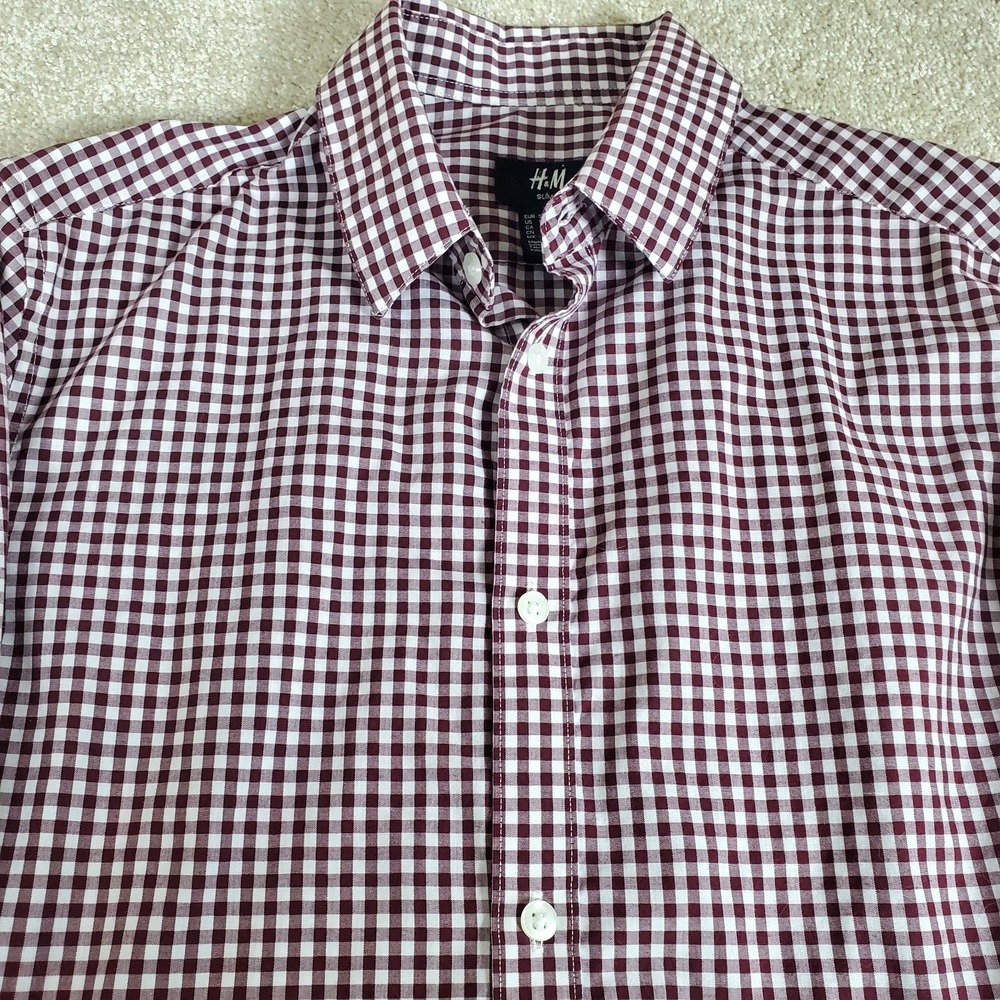 H&M Men's Button Up Shirt Size S Small SLIM Fit Burgundy Gingham Long Sleeve‎